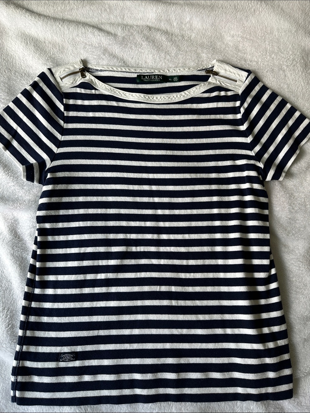 Lauren Ralph Lauren Navy and White Striped Short Sleeve Tee with Shoulder Zips